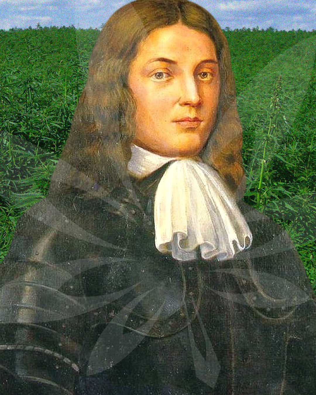 William Penn in front of hemp field composite image